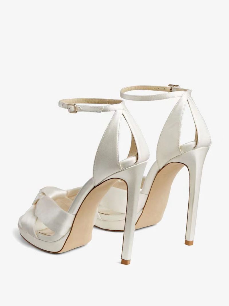 Chaussures Mariage Satin Pour Femmes Bal Blanches Bout Ouvert Bride À La Cheville Sandales Talons Hauts - Blanc