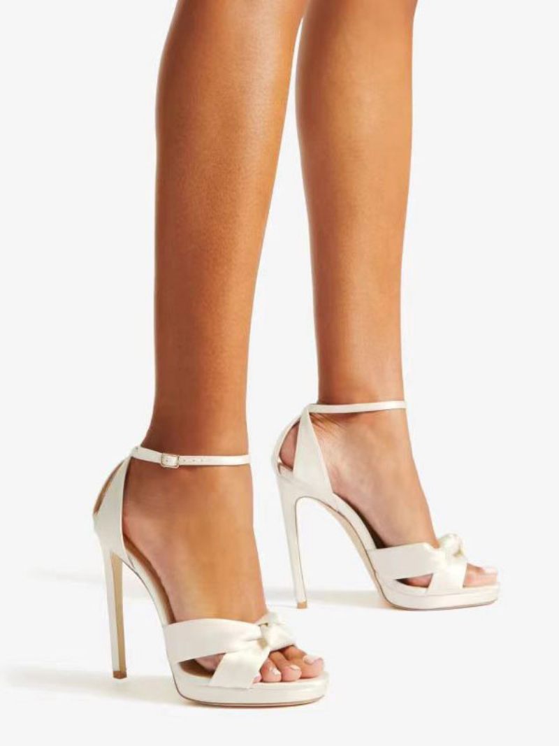 Chaussures Mariage Satin Pour Femmes Bal Blanches Bout Ouvert Bride À La Cheville Sandales Talons Hauts - Blanc