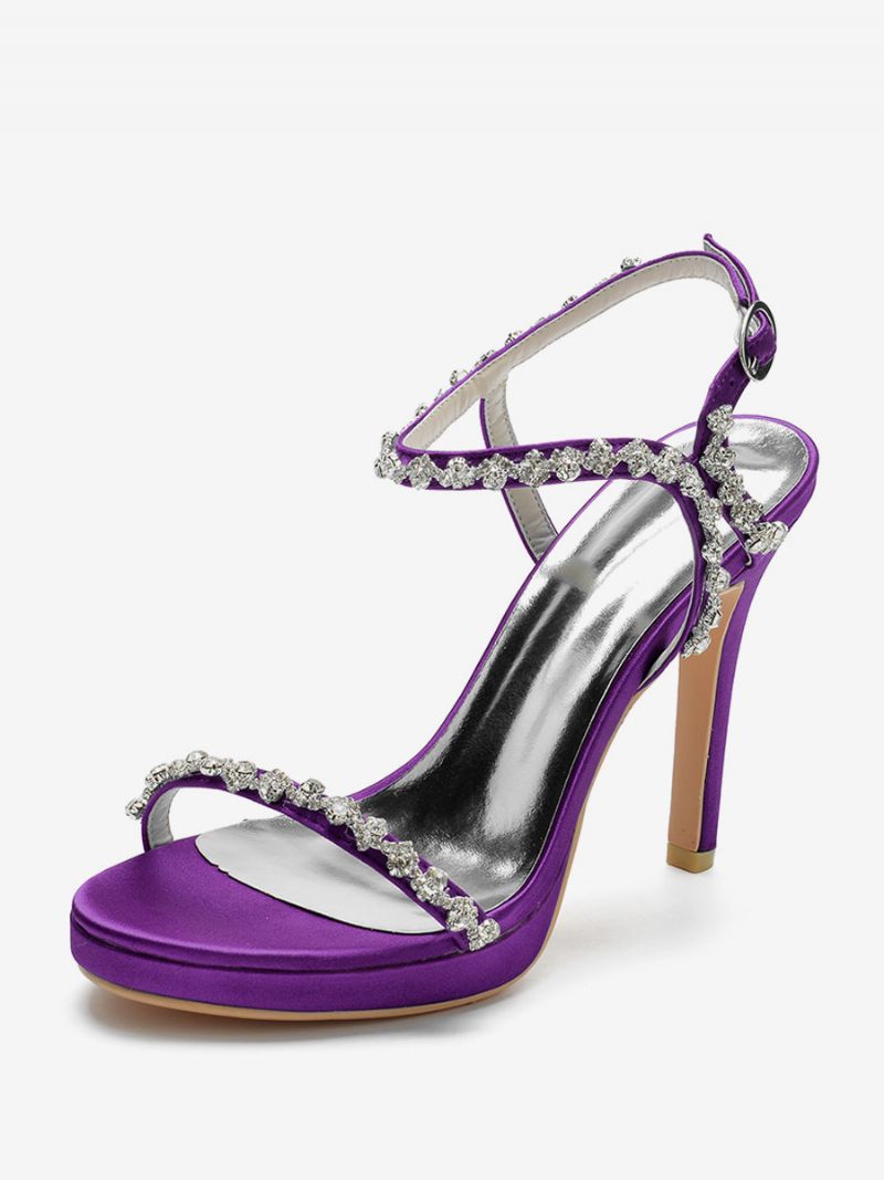 Chaussures Mariage Satin Pour Femmes Bout Ouvert Strass Boucle Talon Aiguille Sandales Mariée - Violet