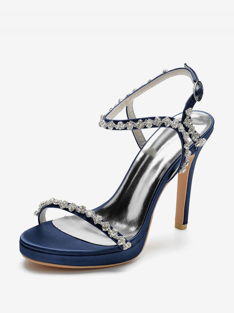 Chaussures Mariage Satin Pour Femmes Bout Ouvert Strass Boucle Talon Aiguille Sandales Mariée - Bleu Profond