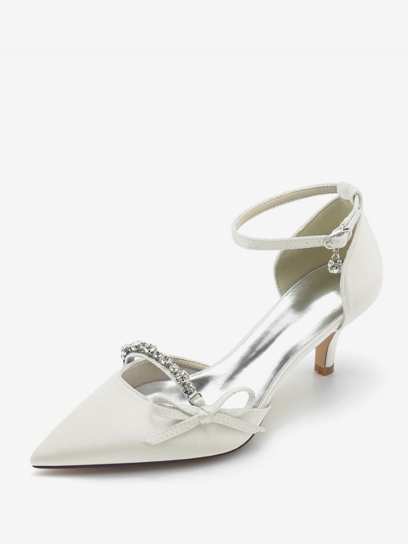 Chaussures Mariage Satin Pour Femmes Escarpins Mariée À Bout Pointu Avec Nœud Strass - Ivoire