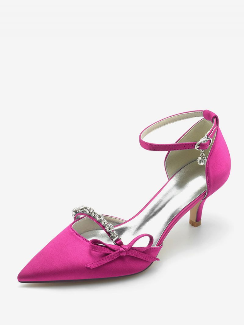 Chaussures Mariage Satin Pour Femmes Escarpins Mariée À Bout Pointu Avec Nœud Strass - Rose