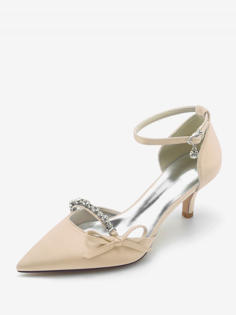 Chaussures Mariage Satin Pour Femmes Escarpins Mariée À Bout Pointu Avec Nœud Strass - Champagne