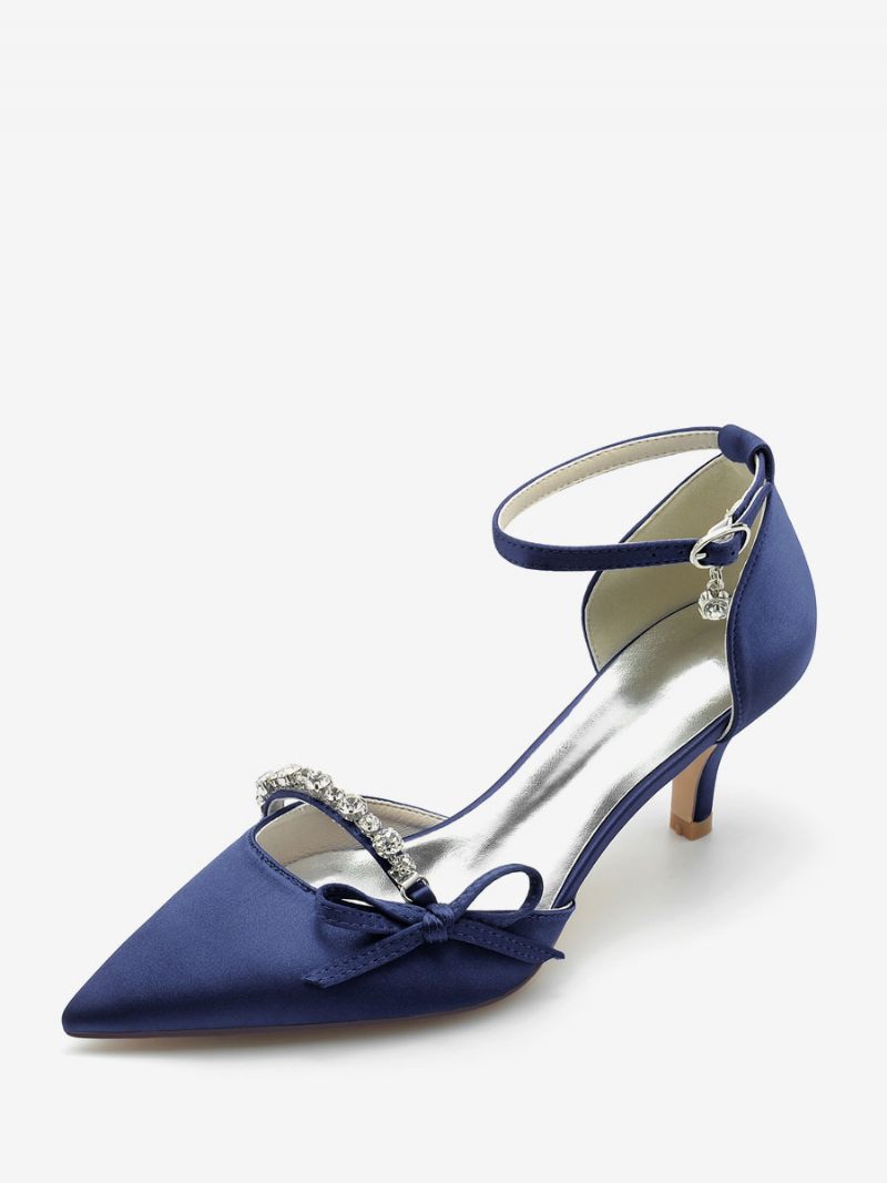 Chaussures Mariage Satin Pour Femmes Escarpins Mariée À Bout Pointu Avec Nœud Strass - Bleu Profond