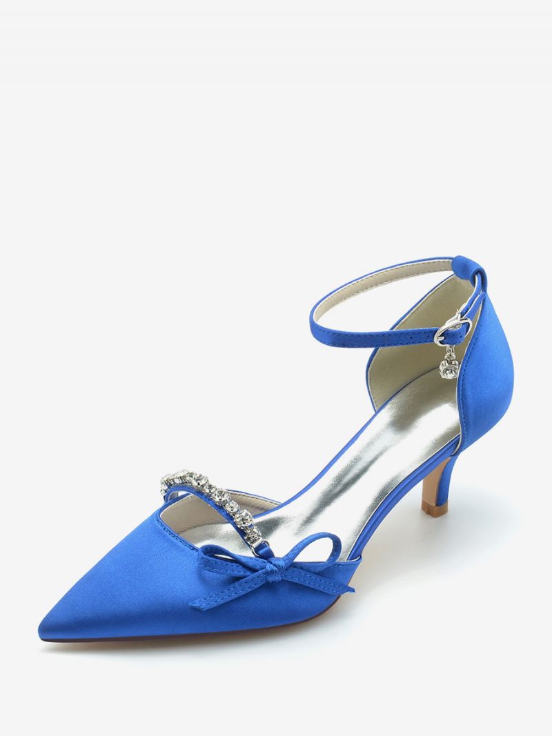 Chaussures Mariage Satin Pour Femmes Escarpins Mariée À Bout Pointu Avec Nœud Strass - Bleu Royal