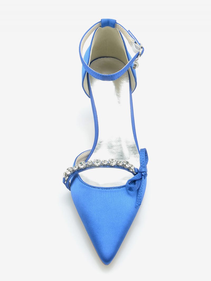 Chaussures Mariage Satin Pour Femmes Escarpins Mariée À Bout Pointu Avec Nœud Strass - Bleu Royal