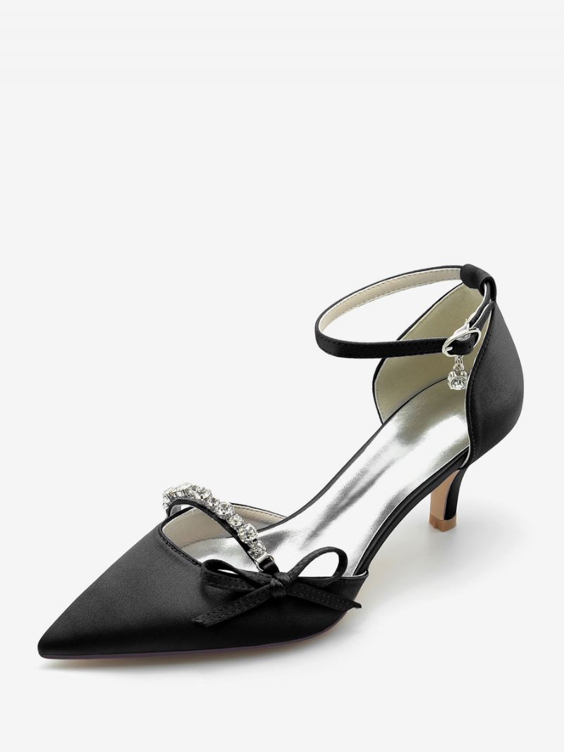 Chaussures Mariage Satin Pour Femmes Escarpins Mariée À Bout Pointu Avec Nœud Strass - Noir