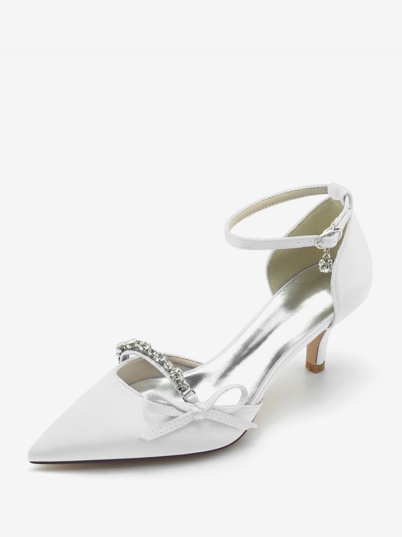 Chaussures Mariage Satin Pour Femmes Escarpins Mariée À Bout Pointu Avec Nœud Strass - Blanc