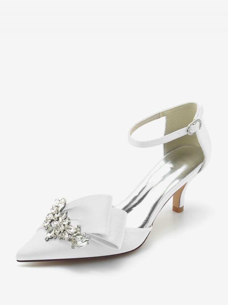 Chaussures Mariage Satin Pour Femmes Escarpins Mariée À Bout Pointu Avec Strass Et Talon Chaton