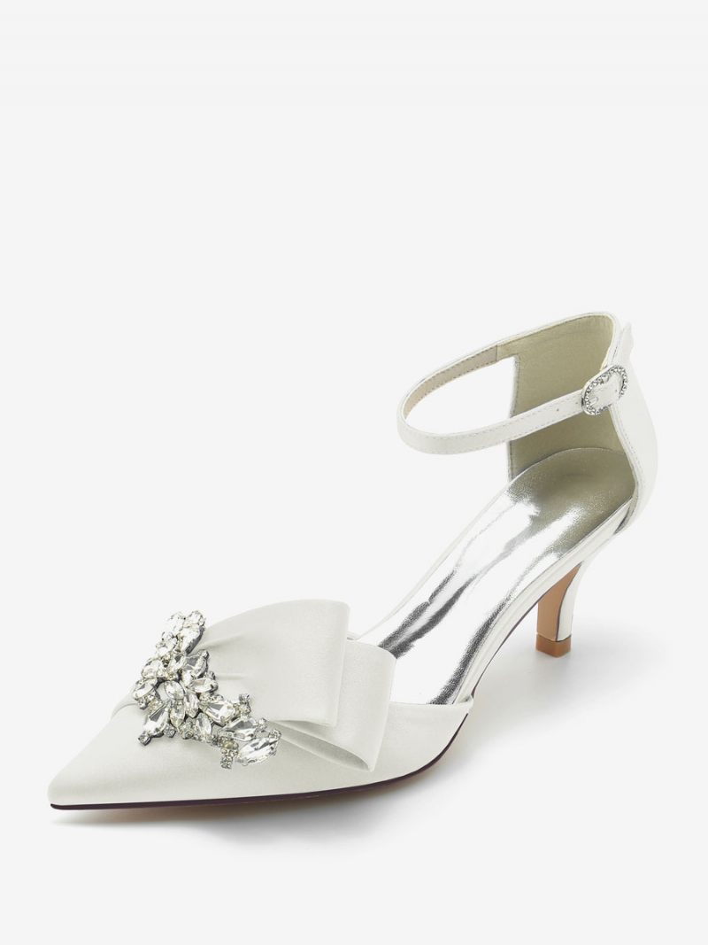 Chaussures Mariage Satin Pour Femmes Escarpins Mariée À Bout Pointu Avec Strass Et Talon Chaton - Ivoire