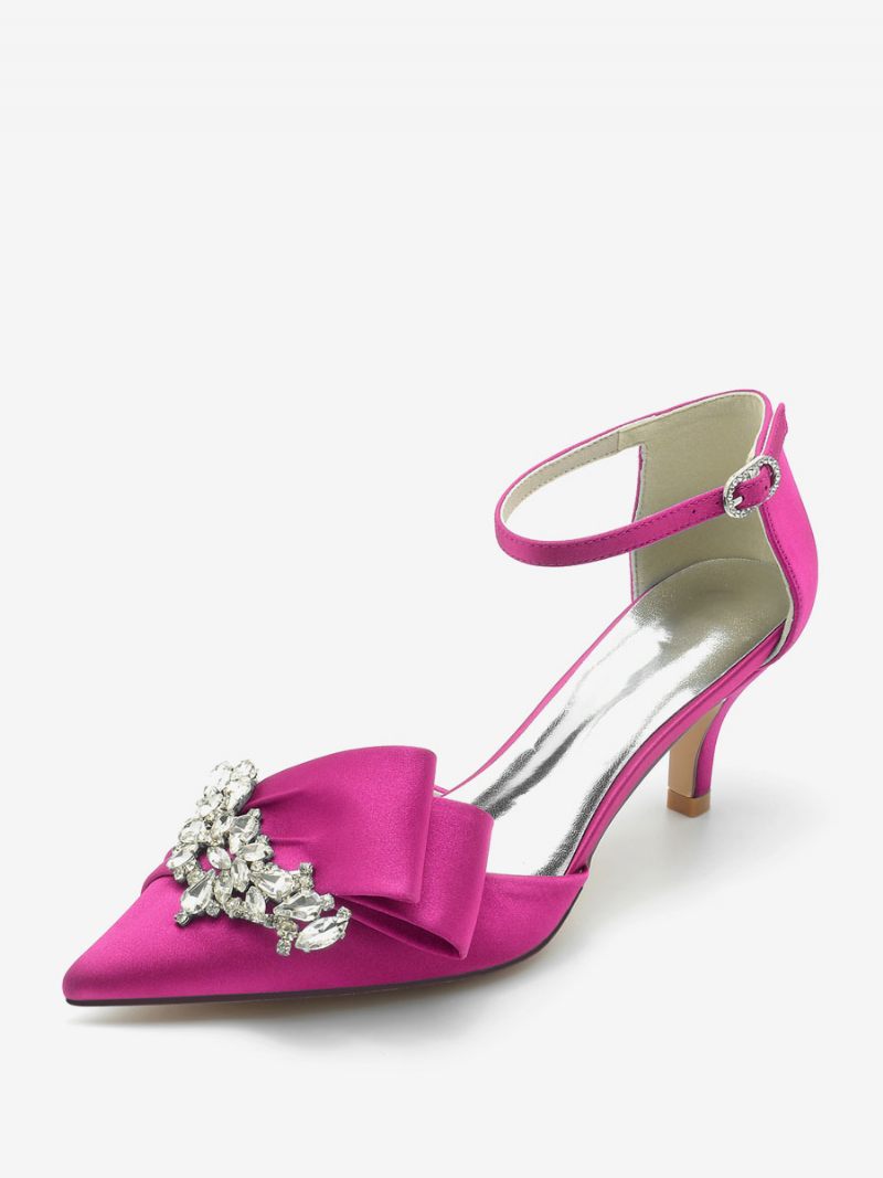 Chaussures Mariage Satin Pour Femmes Escarpins Mariée À Bout Pointu Avec Strass Et Talon Chaton - Rose