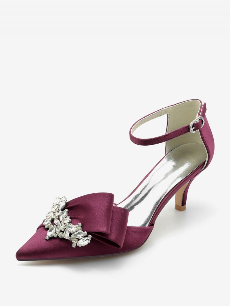 Chaussures Mariage Satin Pour Femmes Escarpins Mariée À Bout Pointu Avec Strass Et Talon Chaton - Bourgogne