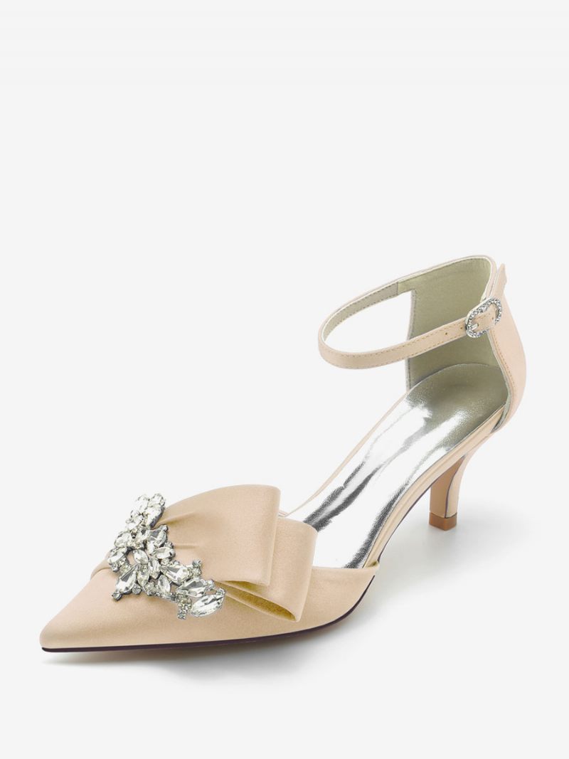 Chaussures Mariage Satin Pour Femmes Escarpins Mariée À Bout Pointu Avec Strass Et Talon Chaton - Champagne