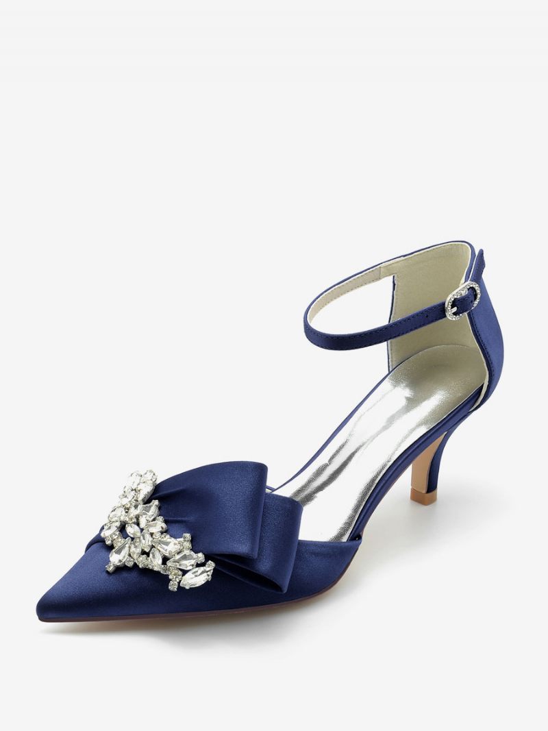 Chaussures Mariage Satin Pour Femmes Escarpins Mariée À Bout Pointu Avec Strass Et Talon Chaton - Bleu Profond