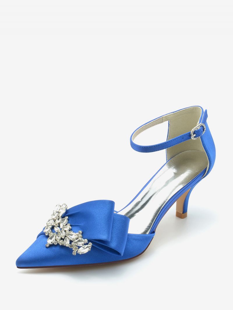 Chaussures Mariage Satin Pour Femmes Escarpins Mariée À Bout Pointu Avec Strass Et Talon Chaton - Bleu Royal