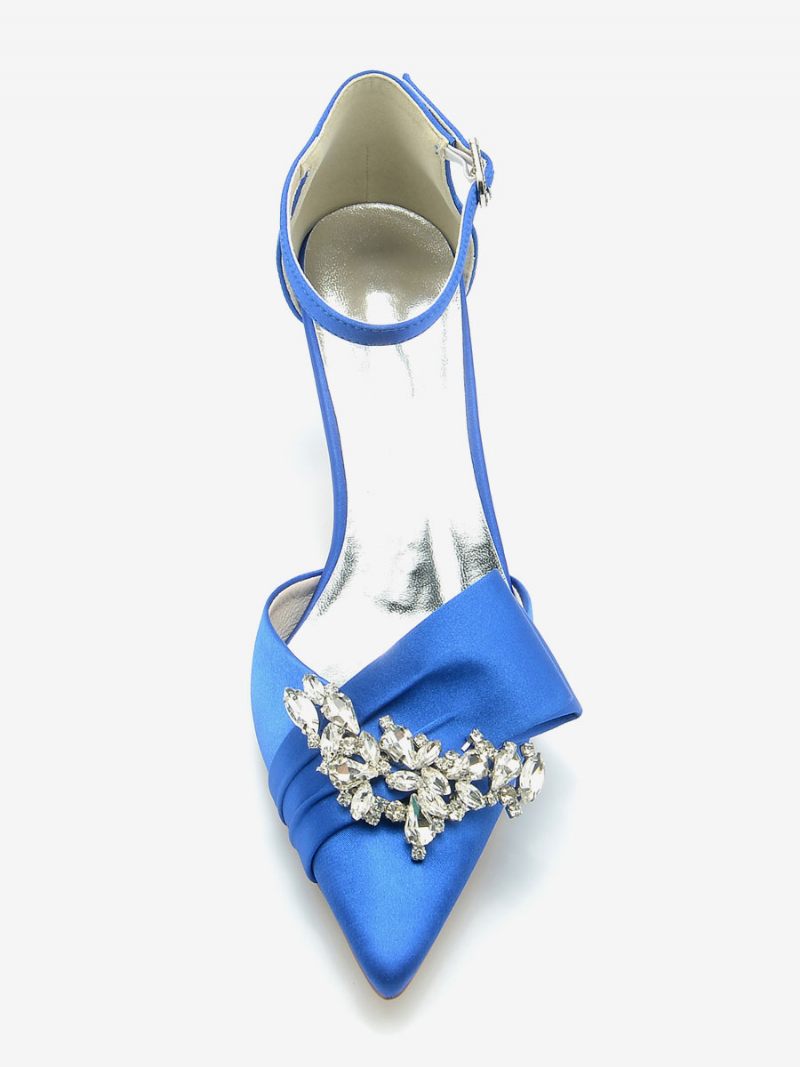 Chaussures Mariage Satin Pour Femmes Escarpins Mariée À Bout Pointu Avec Strass Et Talon Chaton - Bleu Royal