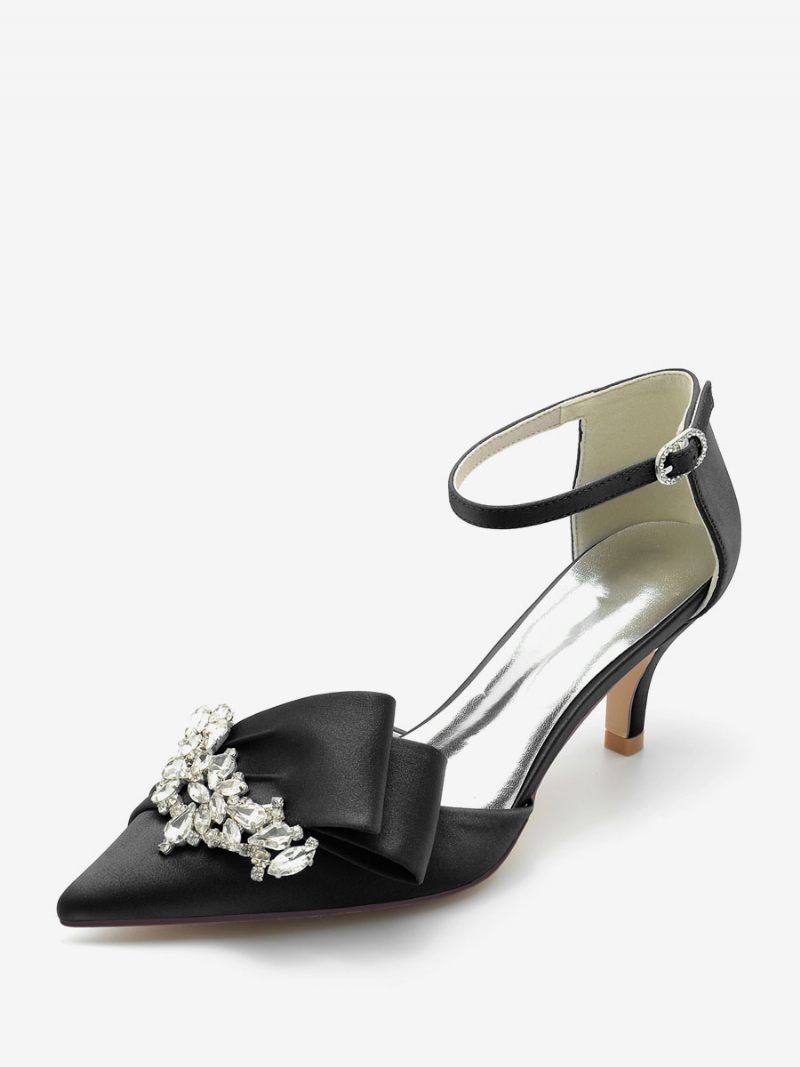 Chaussures Mariage Satin Pour Femmes Escarpins Mariée À Bout Pointu Avec Strass Et Talon Chaton - Noir