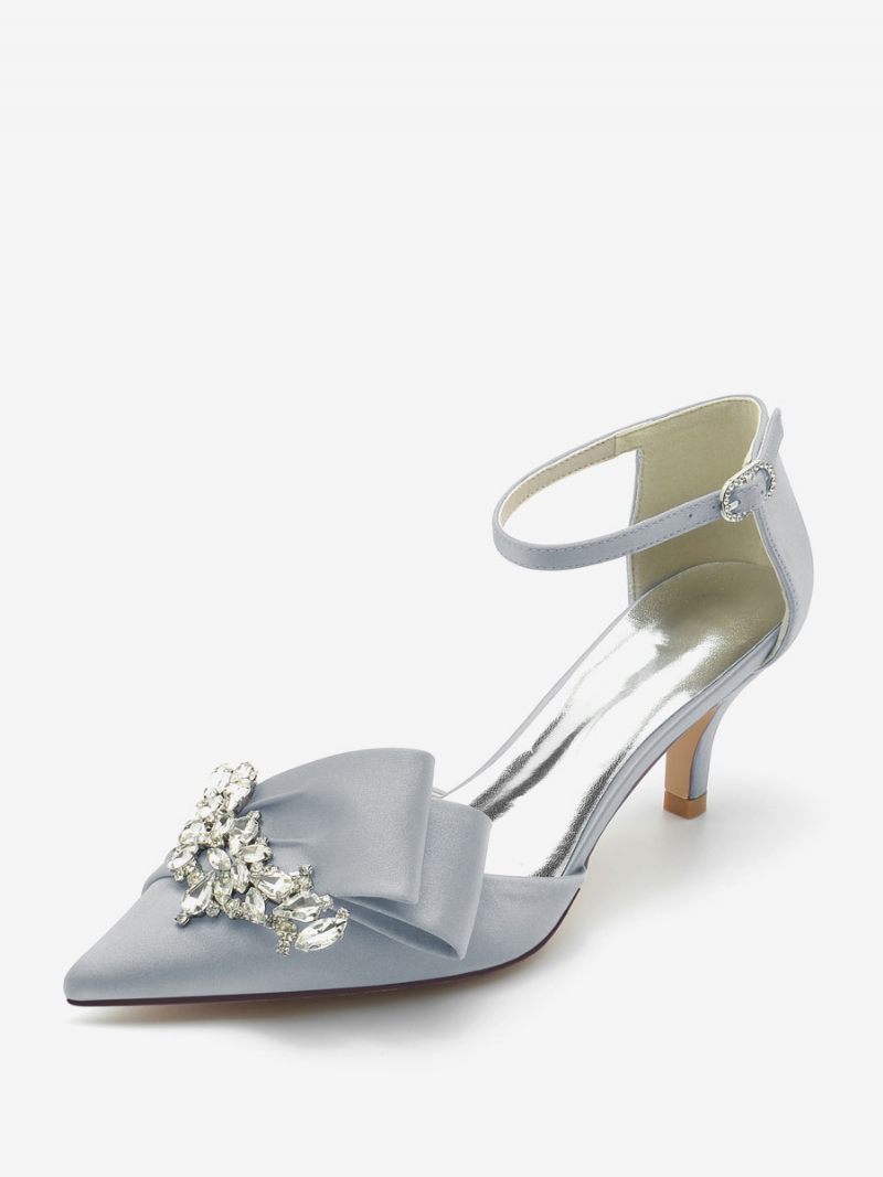 Chaussures Mariage Satin Pour Femmes Escarpins Mariée À Bout Pointu Avec Strass Et Talon Chaton - Argent