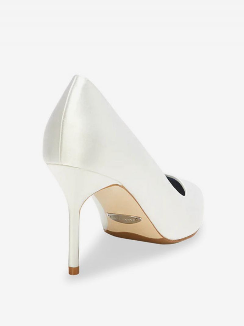 Chaussures Mariage Satin Pour Femmes Escarpins Mariée À Bout Pointu Et Talons Hauts - Blanc