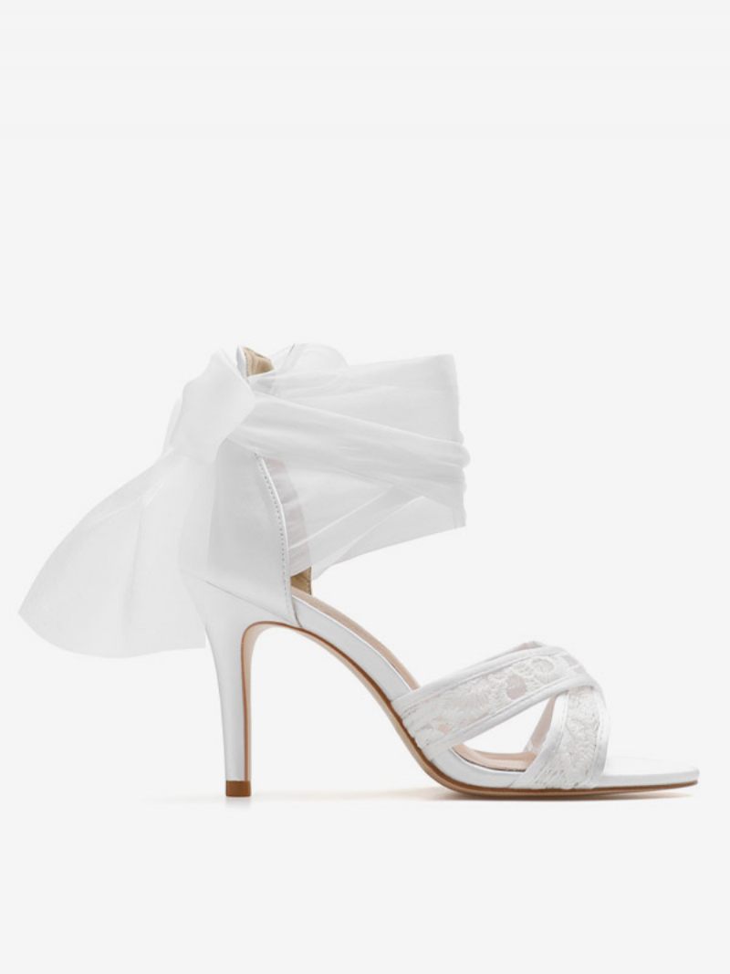 Chaussures Mariage Satin Pour Femmes Sandales Mariée Blanches À Lacets Et Talons Hauts - Blanc