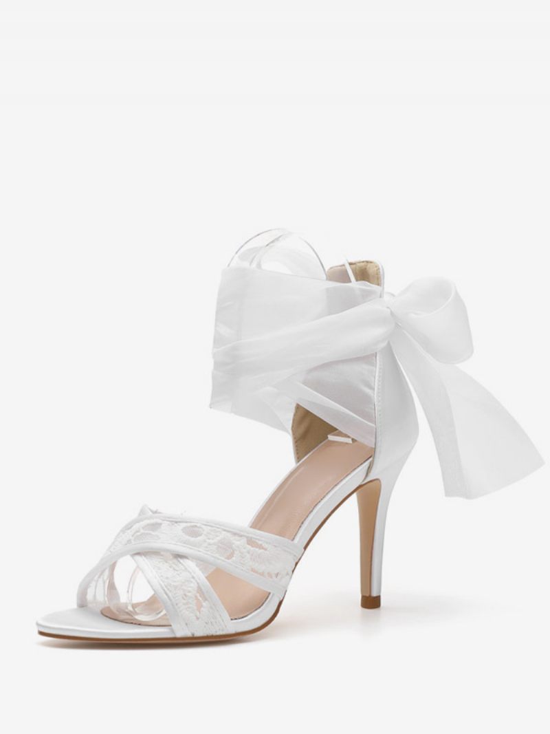 Chaussures Mariage Satin Pour Femmes Sandales Mariée Blanches À Lacets Et Talons Hauts - Blanc