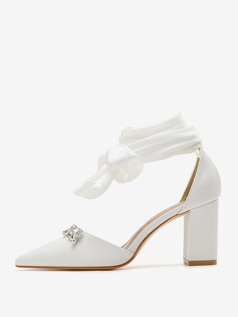 Chaussures Mariage À Talon Bloc Pour Femmes Bout Pointu Blanc Strass Bride La Cheville Mariée - Blanc