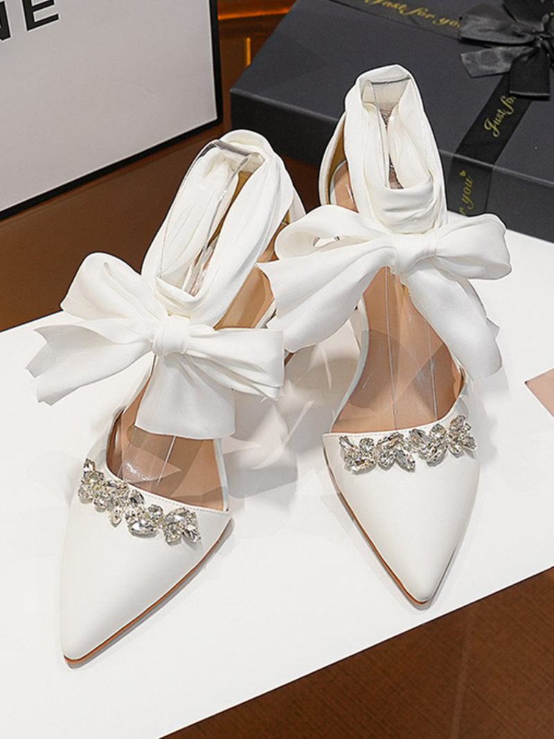 Chaussures Mariage À Talon Bloc Pour Femmes Bout Pointu Blanc Strass Bride La Cheville Mariée - Blanc