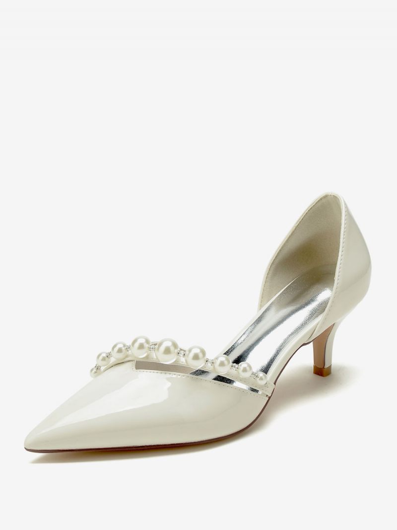 Chaussures Mariage À Talon Chaton Pour Femmes Escarpins Mariée Brevetés Pu Bout Pointu Et Perles