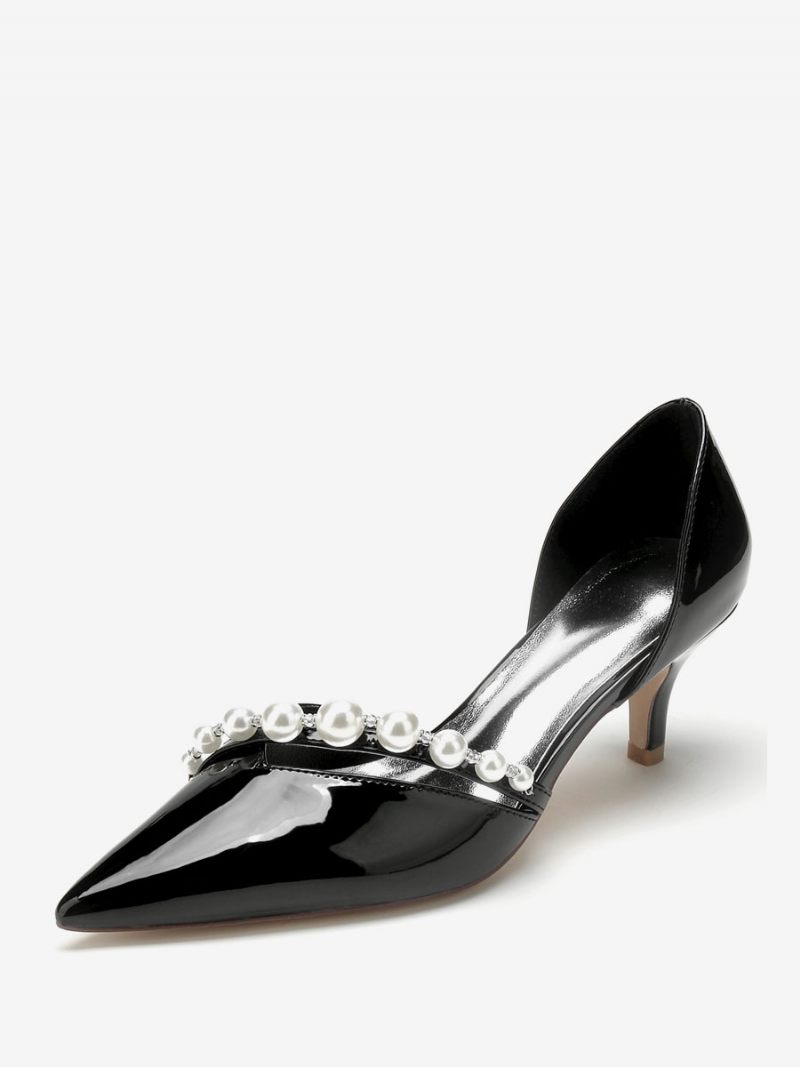 Chaussures Mariage À Talon Chaton Pour Femmes Escarpins Mariée Brevetés Pu Bout Pointu Et Perles - Noir