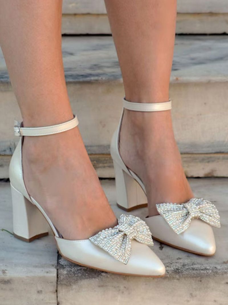 Chaussures Mariage À Talons Blocs Pour Femmes Escarpins Mariée Bout Pointu Et Nœud Strass - Ivoire