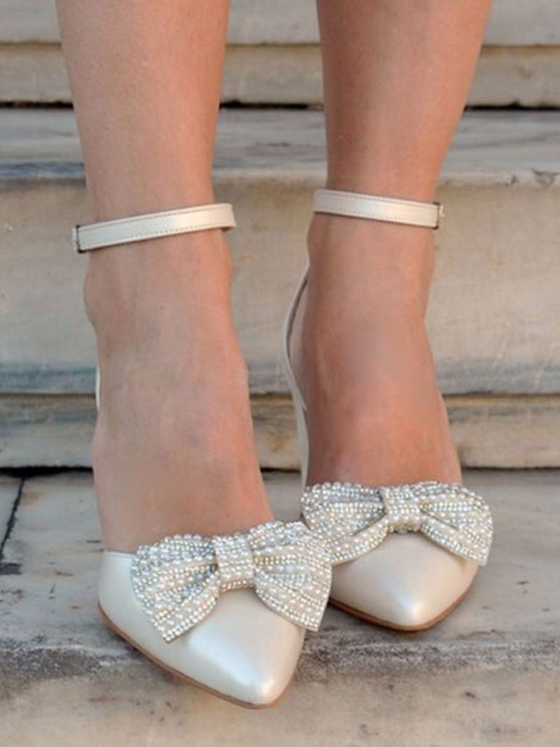 Chaussures Mariage À Talons Blocs Pour Femmes Escarpins Mariée Bout Pointu Et Nœud Strass - Ivoire