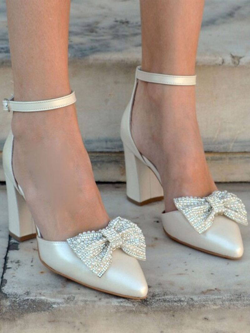 Chaussures Mariage À Talons Blocs Pour Femmes Escarpins Mariée Bout Pointu Et Nœud Strass - Ivoire