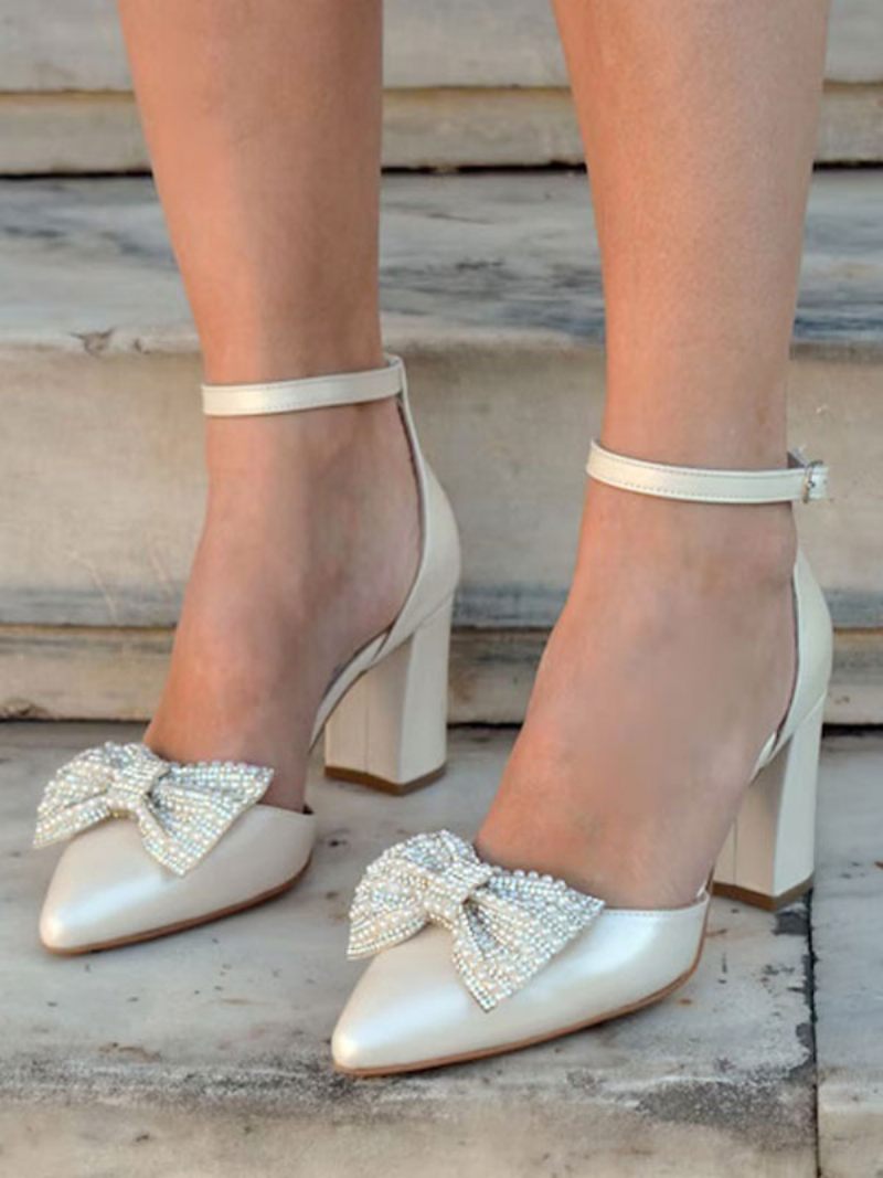 Chaussures Mariage À Talons Blocs Pour Femmes Escarpins Mariée Bout Pointu Et Nœud Strass - Ivoire