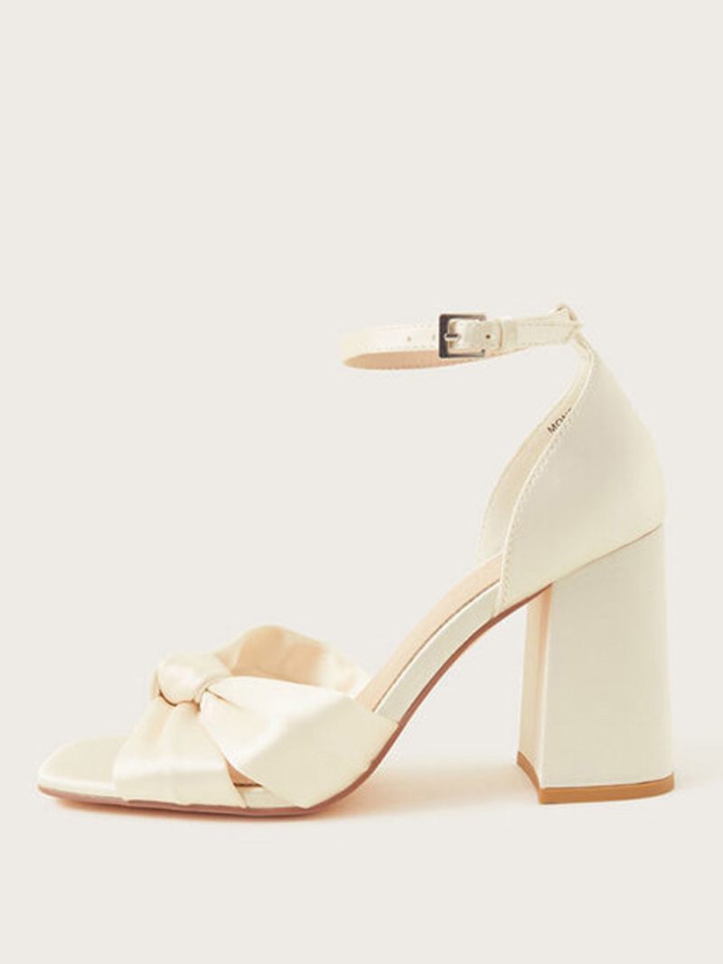 Chaussures Mariage À Talons Blocs Pour Femmes Mariée Ivoire Nouées Avec Bride La Cheville - Beige