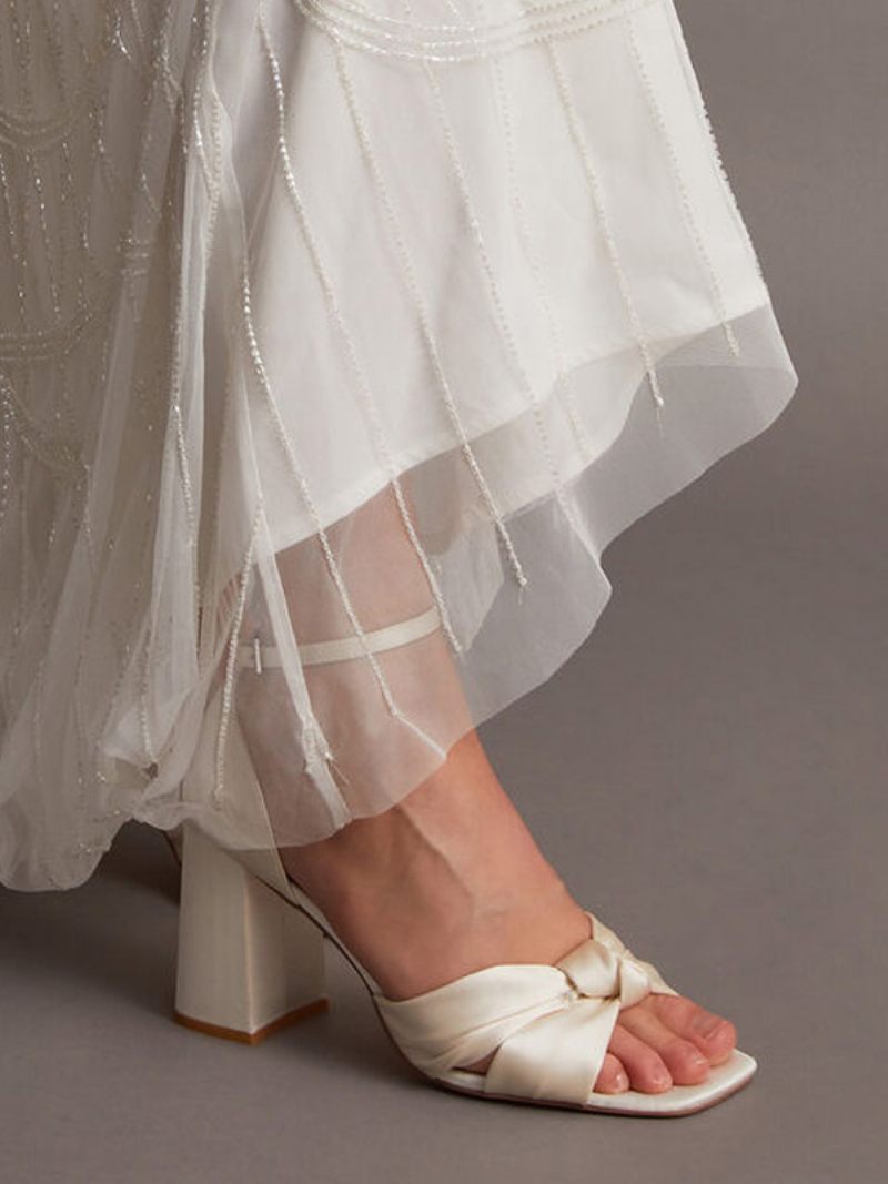 Chaussures Mariage À Talons Blocs Pour Femmes Mariée Ivoire Nouées Avec Bride La Cheville - Beige