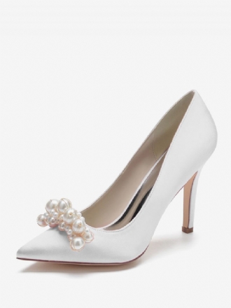 Chaussures Mariage À Talons Hauts Pour Femmes Escarpins Mariée Satin Bout Pointu Et Perles Talon Aiguille