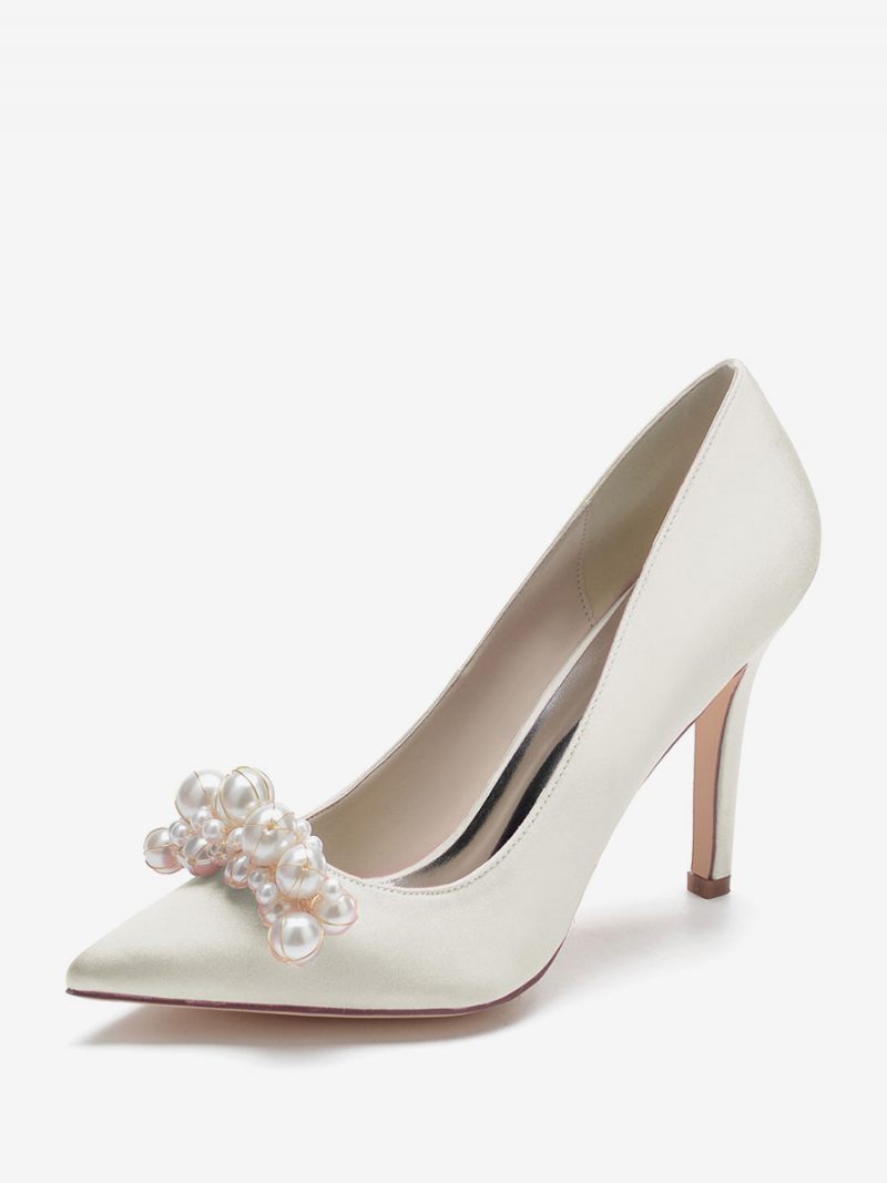 Chaussures Mariage À Talons Hauts Pour Femmes Escarpins Mariée Satin Bout Pointu Et Perles Talon Aiguille - Ivoire