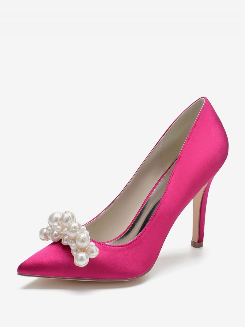 Chaussures Mariage À Talons Hauts Pour Femmes Escarpins Mariée Satin Bout Pointu Et Perles Talon Aiguille - Rose