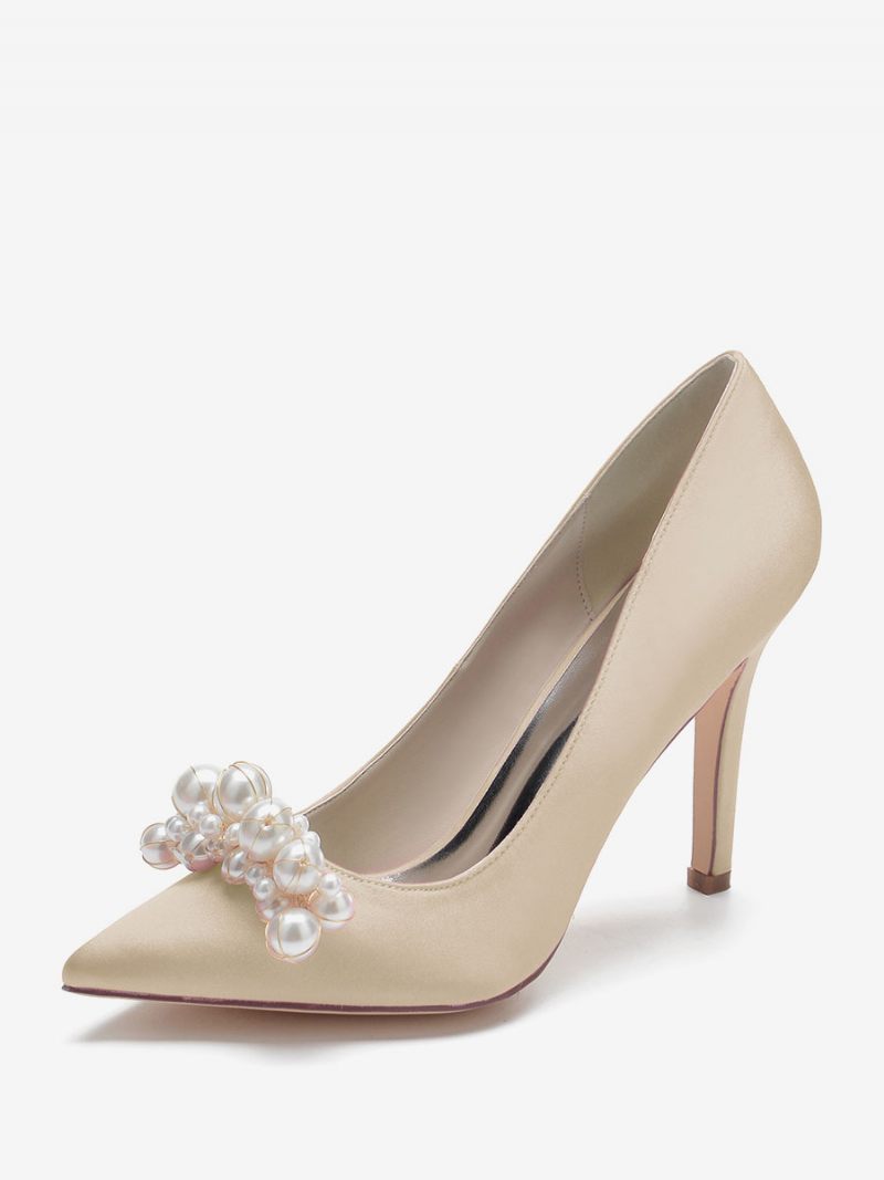 Chaussures Mariage À Talons Hauts Pour Femmes Escarpins Mariée Satin Bout Pointu Et Perles Talon Aiguille - Champagne