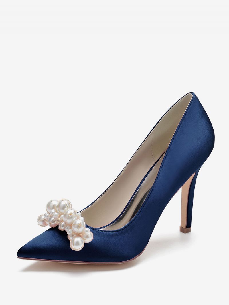 Chaussures Mariage À Talons Hauts Pour Femmes Escarpins Mariée Satin Bout Pointu Et Perles Talon Aiguille - Bleu Profond