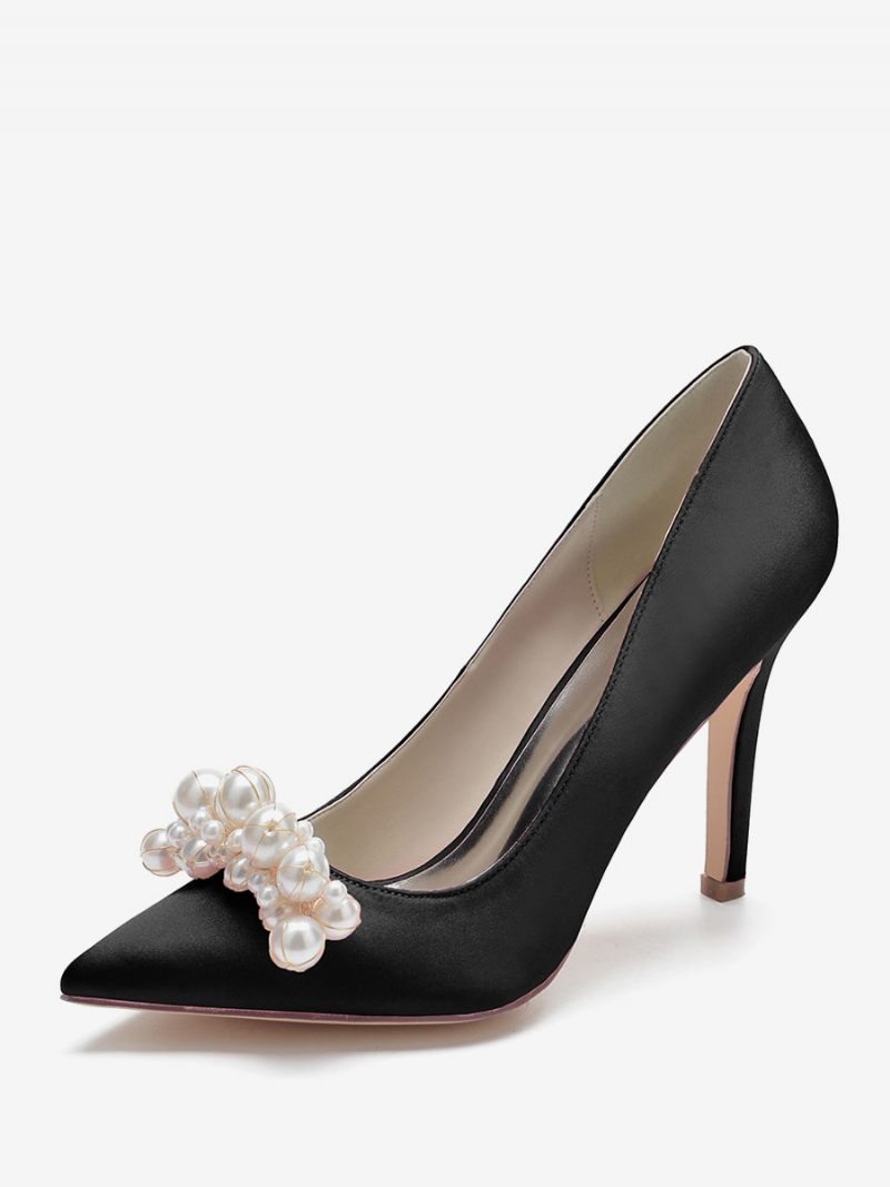 Chaussures Mariage À Talons Hauts Pour Femmes Escarpins Mariée Satin Bout Pointu Et Perles Talon Aiguille - Noir