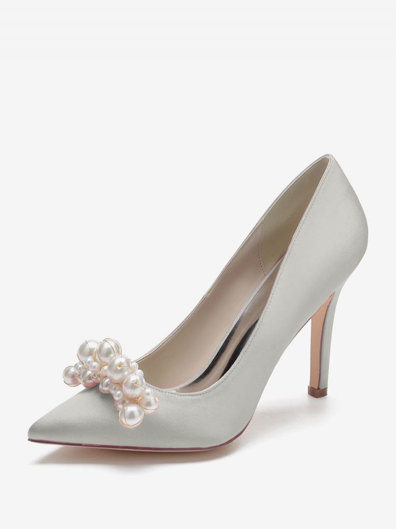 Chaussures Mariage À Talons Hauts Pour Femmes Escarpins Mariée Satin Bout Pointu Et Perles Talon Aiguille - Argent