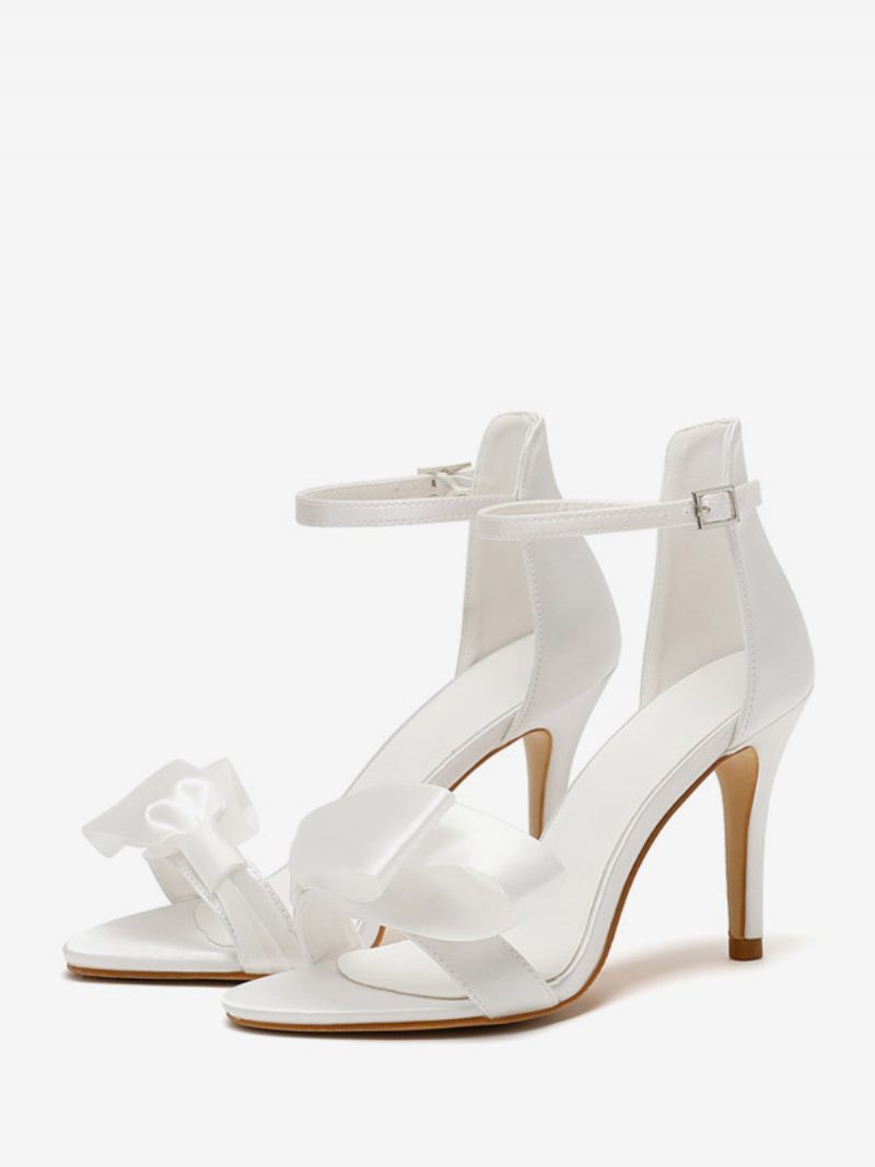 Chaussures Mariage À Talons Hauts Pour Femmes Sandales Satin Avec Nœuds Blancs Et Bride La Cheville