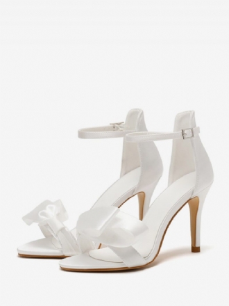 Chaussures Mariage À Talons Hauts Pour Femmes Sandales Satin Avec Nœuds Blancs Et Bride La Cheville