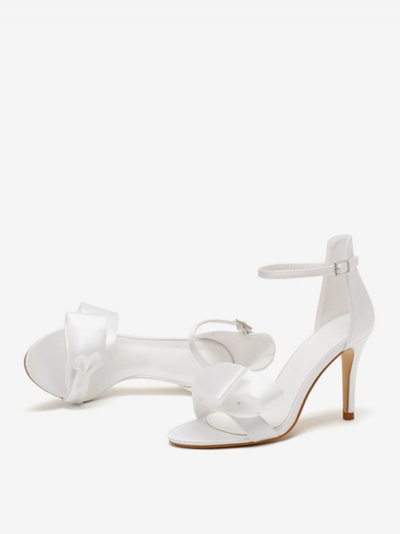 Chaussures Mariage À Talons Hauts Pour Femmes Sandales Satin Avec Nœuds Blancs Et Bride La Cheville - Blanc