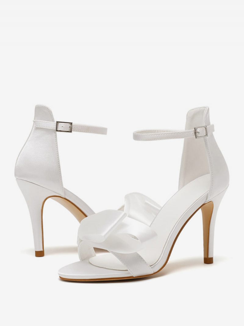 Chaussures Mariage À Talons Hauts Pour Femmes Sandales Satin Avec Nœuds Blancs Et Bride La Cheville - Blanc