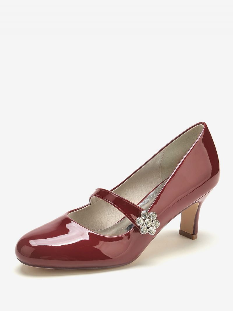 Chaussures Mariage Vintage Pour Femmes Blanc Verni Pu Bout Rond Strass Chaton Talon - Bordeaux