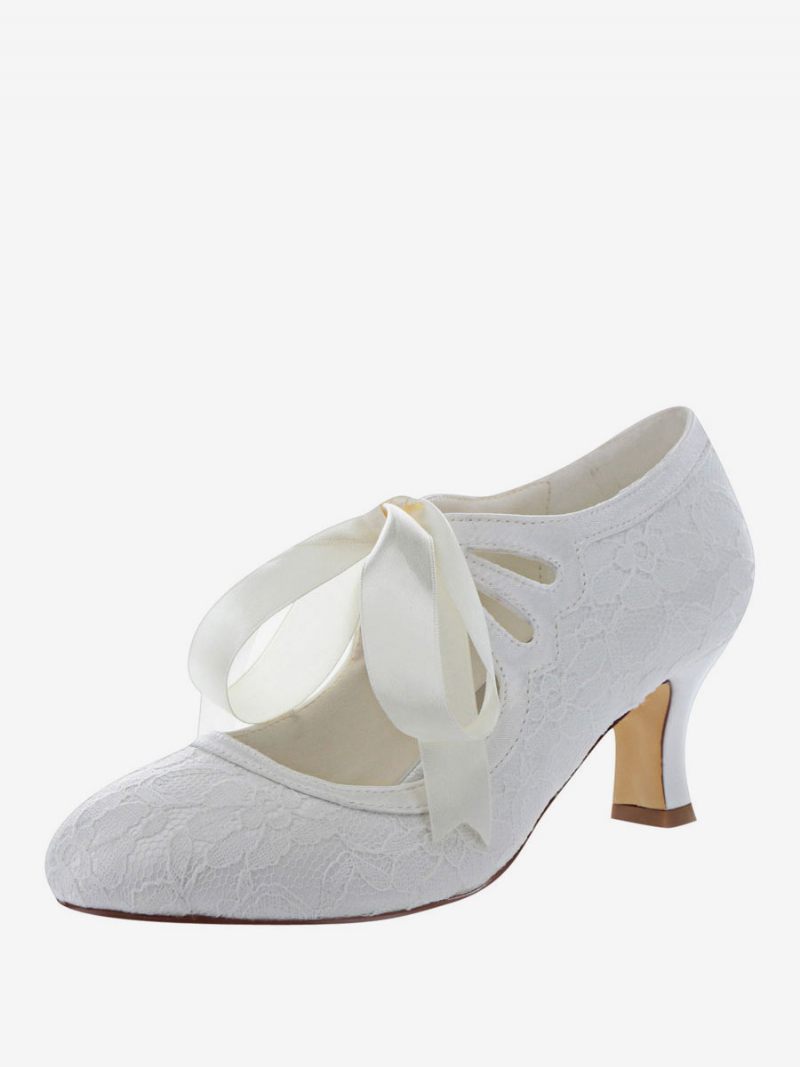 Chaussures Mariage Vintage Pour Femmes Mariée Dentelle À Talons Mi-bas