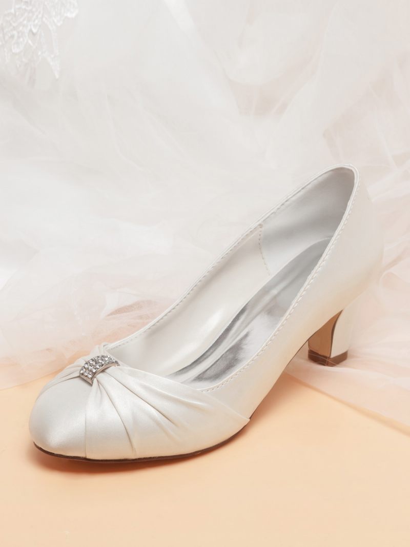 Chaussures Mariage Vintage Pour Femmes Satin Bout Rond Strass Mariée À Talon Moyen - Ivoire