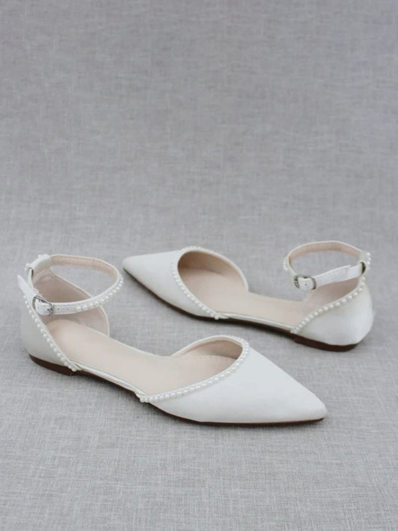 Chaussures Mariée Blanches Pour Femmes Cuir Pu À Bout Pointu Avec Perles - Blanc